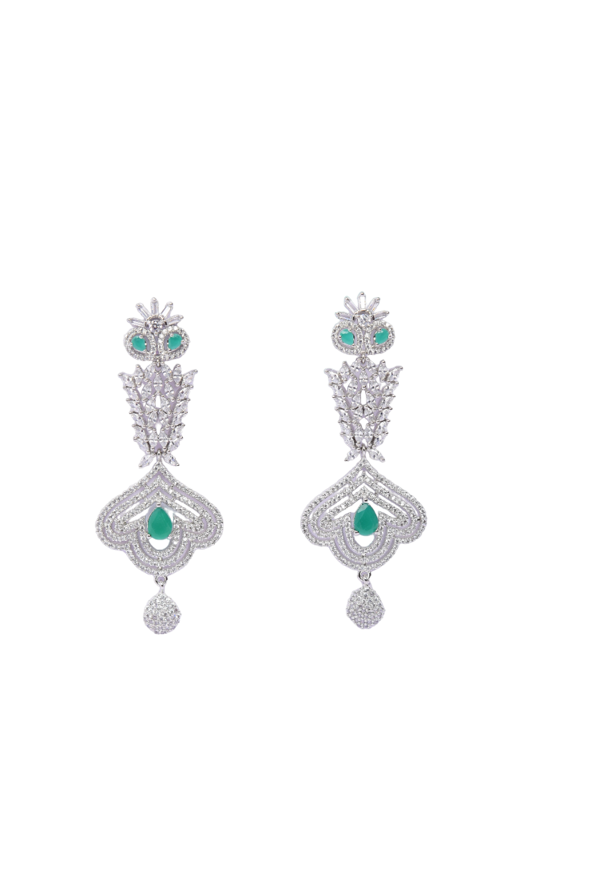 Stunning Rhodium-Plated Sterling Silver Earrings – American Diamond-Styled Drop Earrings with Dark Green Stones